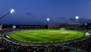 Cricket stadium at night.